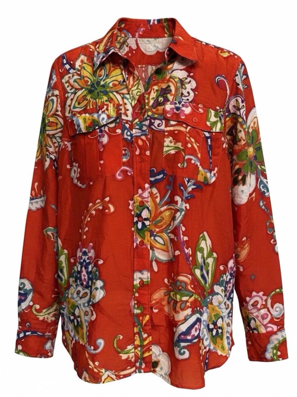 Lauren Ralph Lauren Cotton-Silk Voile Shirt Size Medium Orange Multi Floral - Picture 2 of 12